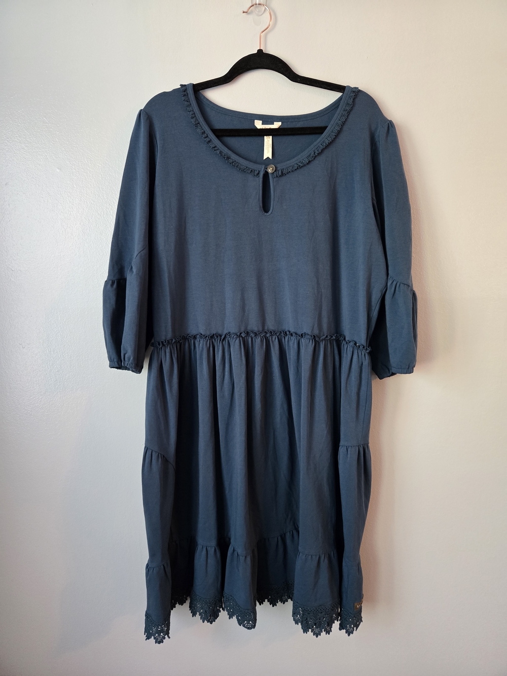 Matilda Jane Blue Grey Tiered Tunic Dress Keyhole Button Lace Trim Boho Knit XXL